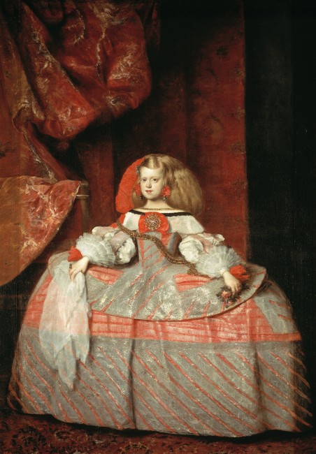 Infanta Margarita Teresa in a Pink Dress is an oil on canvas portrait of Margaret Theresa of Spain by the Spanish painter Diego Velázquez, though his identification as its author is not considered secure. It is now in the Prado Museum in Madrid. It was generally considered to be the last work in his oeuvre, with the dress by Velázquez himself and the head (left unfinished on Velázquez's death) and the bottom of the curtains completed by his pupil Juan Bautista del Mazo.[1] However, recent studies by experts suggest it may be entirely by Mazo. The Prado Museum currently assigns the work to Mazo. Its subject was the royal most frequently portrayed by Velázquez, also appearing in his Las Meninas and Infanta Margarita Teresa in a Blue Dress. In the final years of his life he spent long periods producing portraits of her to send to the Austrian court for political reasons and in response to certain matrimonial arrangements made between the two courts. Infanta Margarita Teresa in a Blue Dress is still in Vienna as are two 1652-53 portraits of her aged one or two in a silver and pink dress. A replica of the latter of the two, with variations, is in the Liria Palace in Madrid, though this is attributed to another painter. Contents  [hide]  1History 2	Notes 3	Bibliography 4	External links 